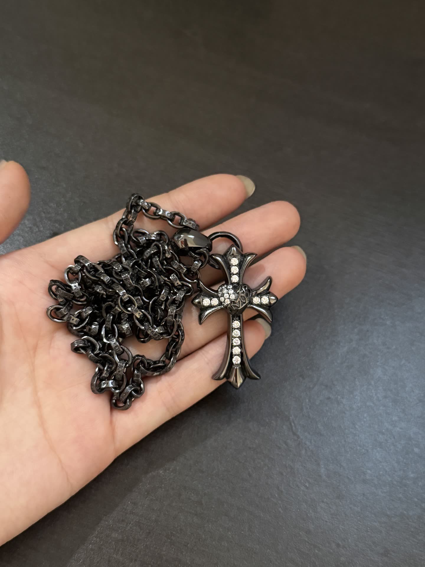 Chrome Hearts Black Rhinestone Cross Pendant Necklace Chrome Hearts Black Rhinestone Cross Pendant Necklace